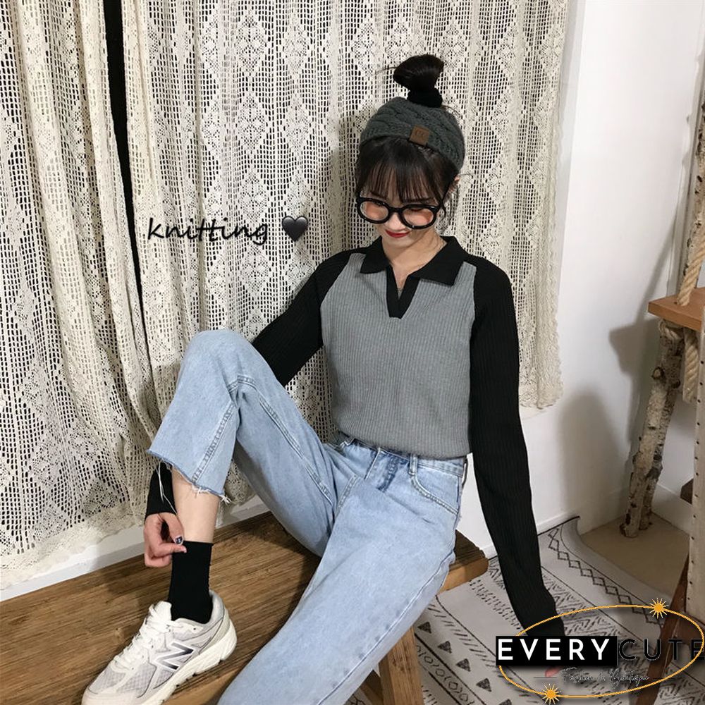 Turn-Down Collar Long Sleeve T-Shirts Women Patchwork Trendy Korean Style Streetwear Outwear Knitted Loose Chic Vintage Stretchy