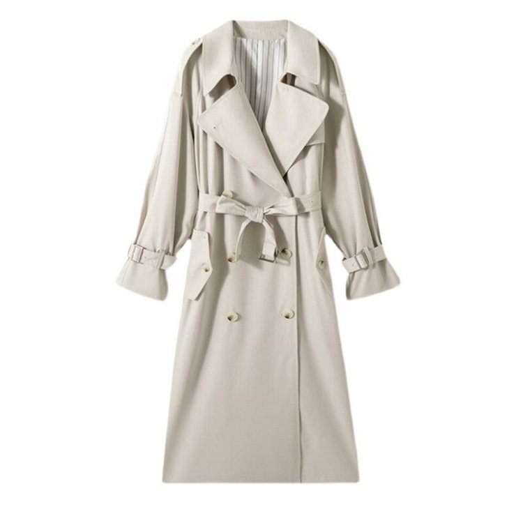 Temperament Loose Solid Color Lapel Double Breasted Belted Long Sleeve Trench Coat  