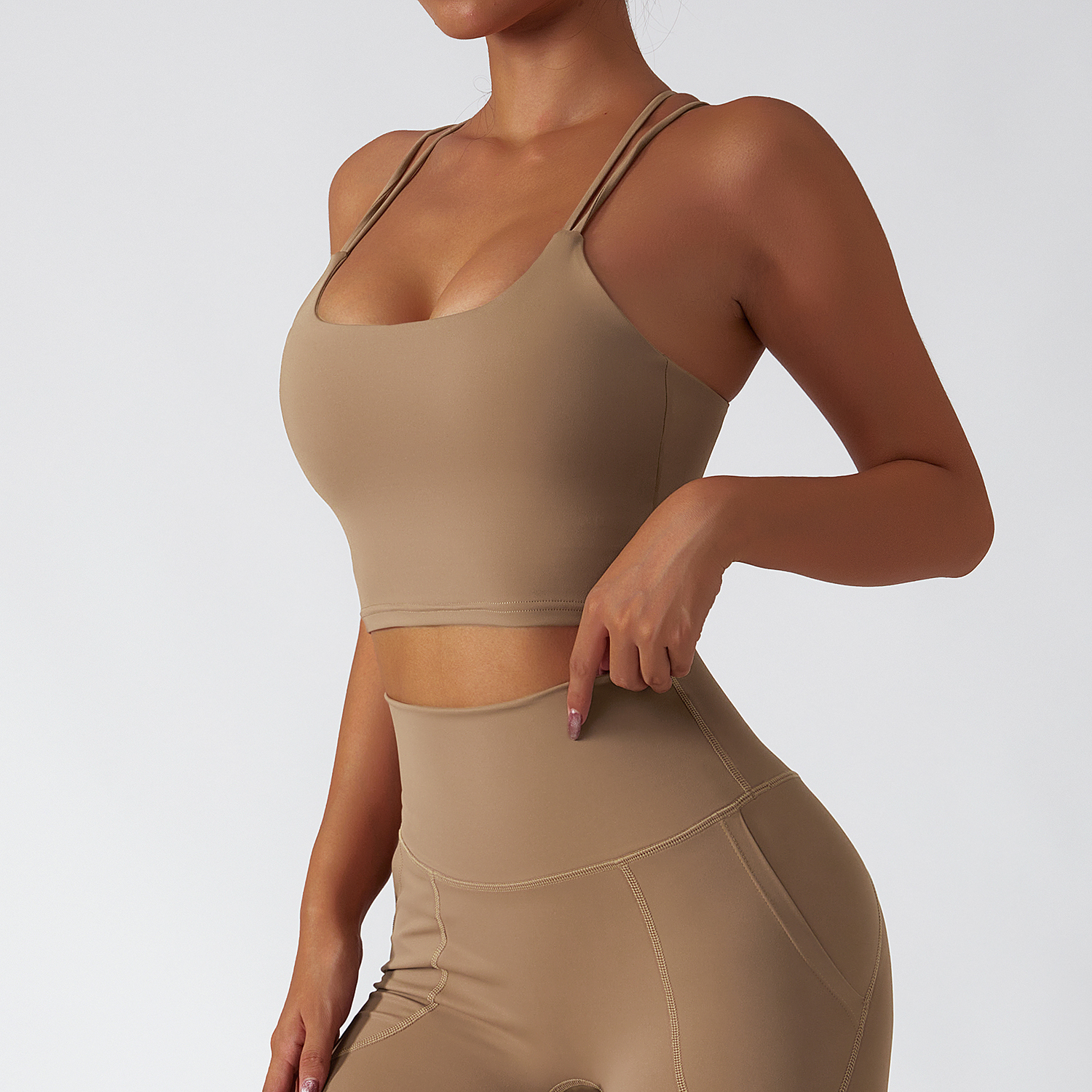 Hergymclothing Camel Brown sustainable recycled material criss cross thin straps breathable sports bra online shopping