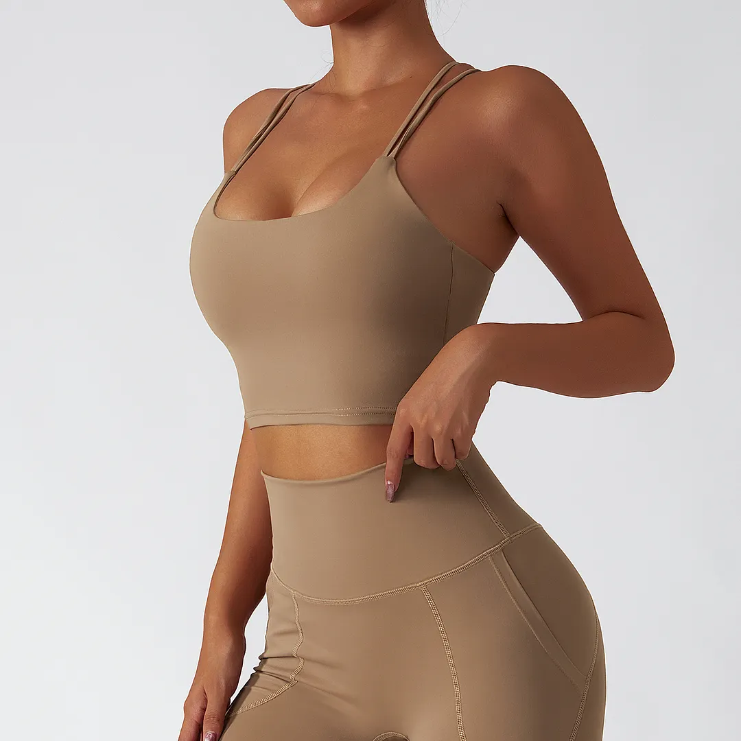 Hergymclothing Camel Brown sustainable recycled material criss cross thin straps breathable sports bra online shopping