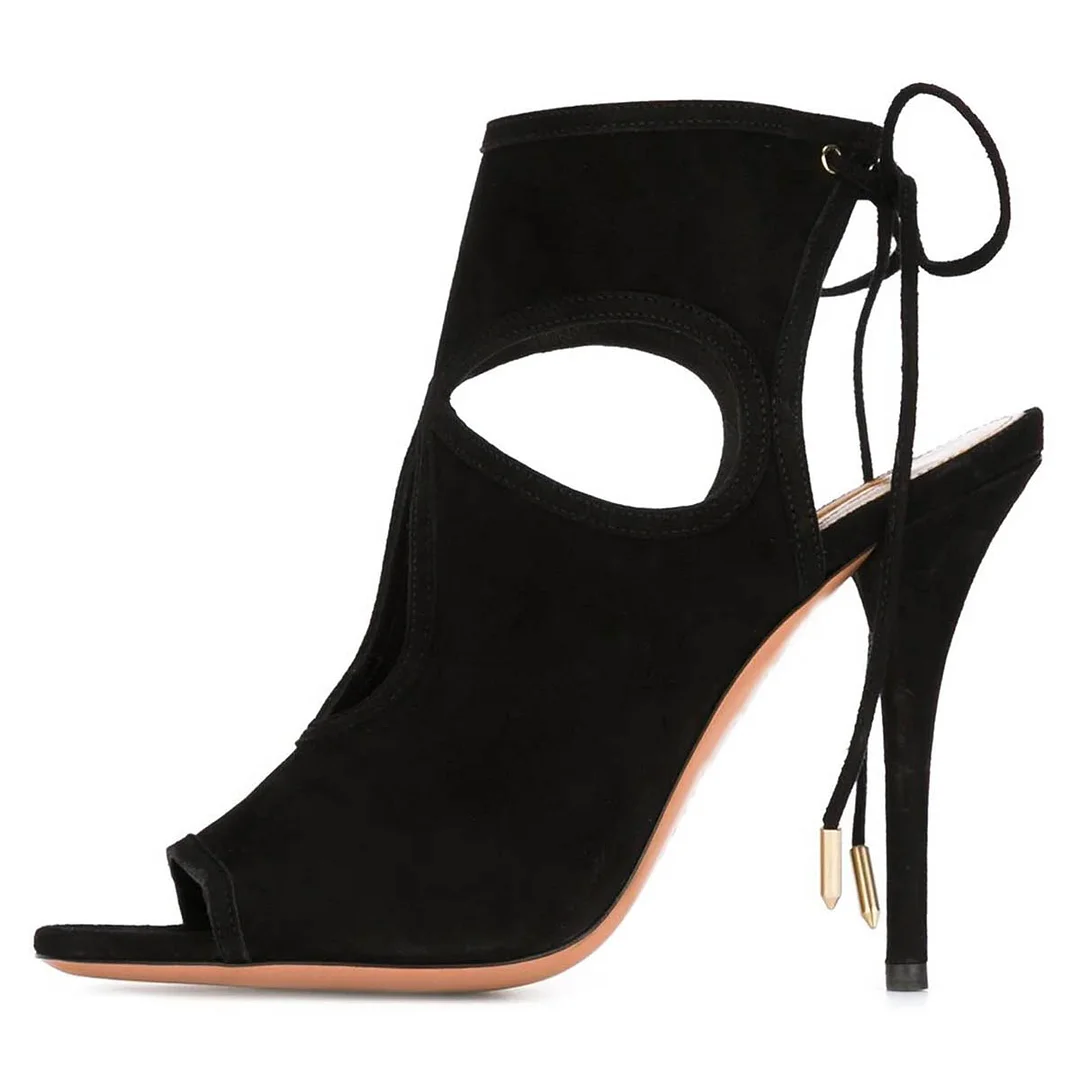 Black Vegan Suede Open Toe Cut Out Slingback Stiletto Heeled Sandals