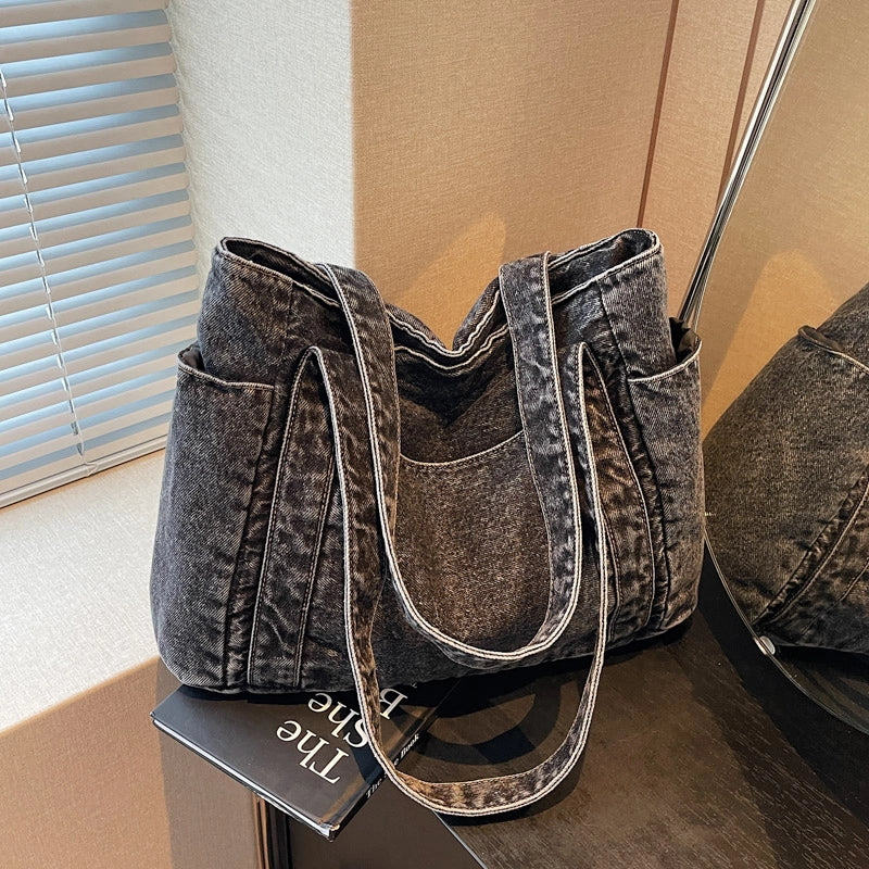 Women’s Denim Solid Color Classic Style Square Zipper Tote Bag