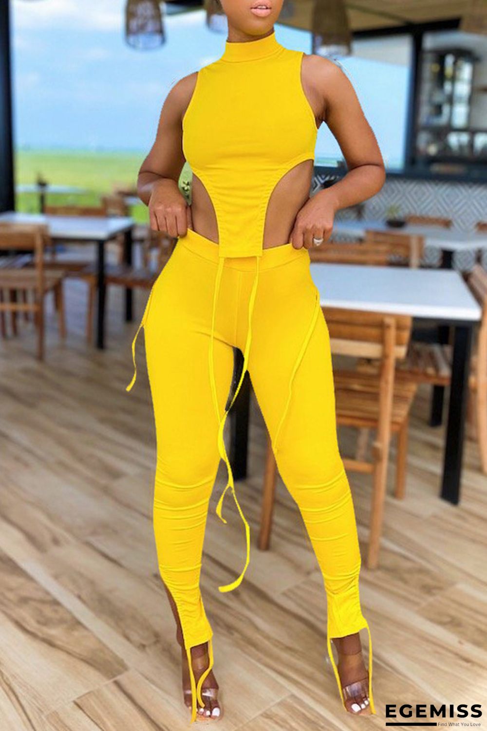 Yellow Sexy Casual Solid Slit Asymmetrical Turtleneck Sleeveless Two Pieces | EGEMISS