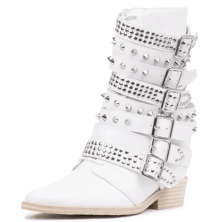 White Rivets Buckle Studs Shoes Block Heel Almond Toe Ankle Boots |FSJ Shoes