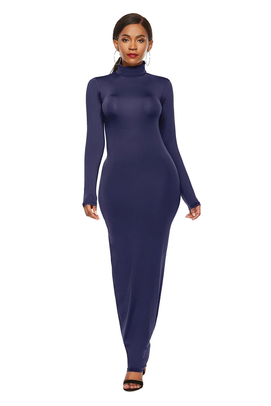 Uveng Polyester Spandex Fashion Solid Color Long Sleeve Stretch Slim Turtleneck Dress