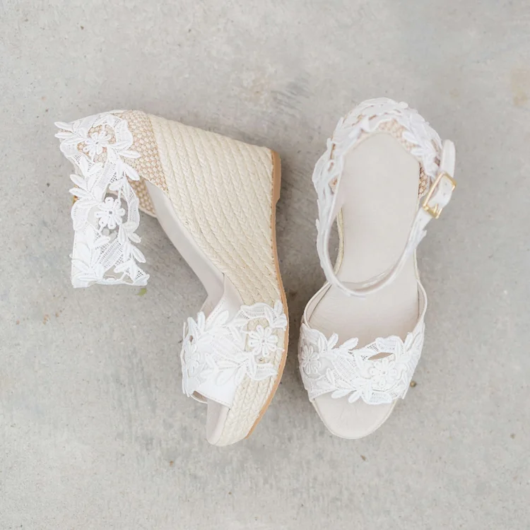 White Lace Wedding Shoes Open Toe Platform Wedge Espadrille Sandals |FSJ Shoes