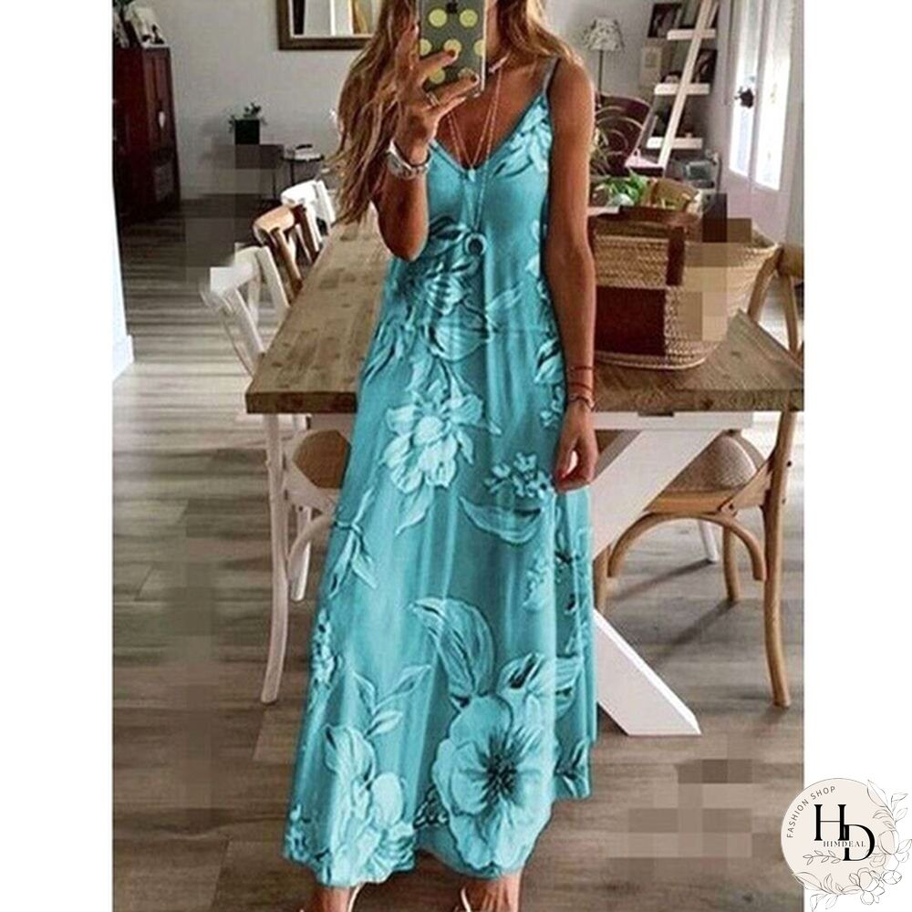 Summer Dresses Fashion Clothes Women's Plus Size Dresses Casual V-neck Sleeveless Maxi Dresses Ladies L Loose Cotton Dress Party Wear Floral Printed Halter Beach Dress