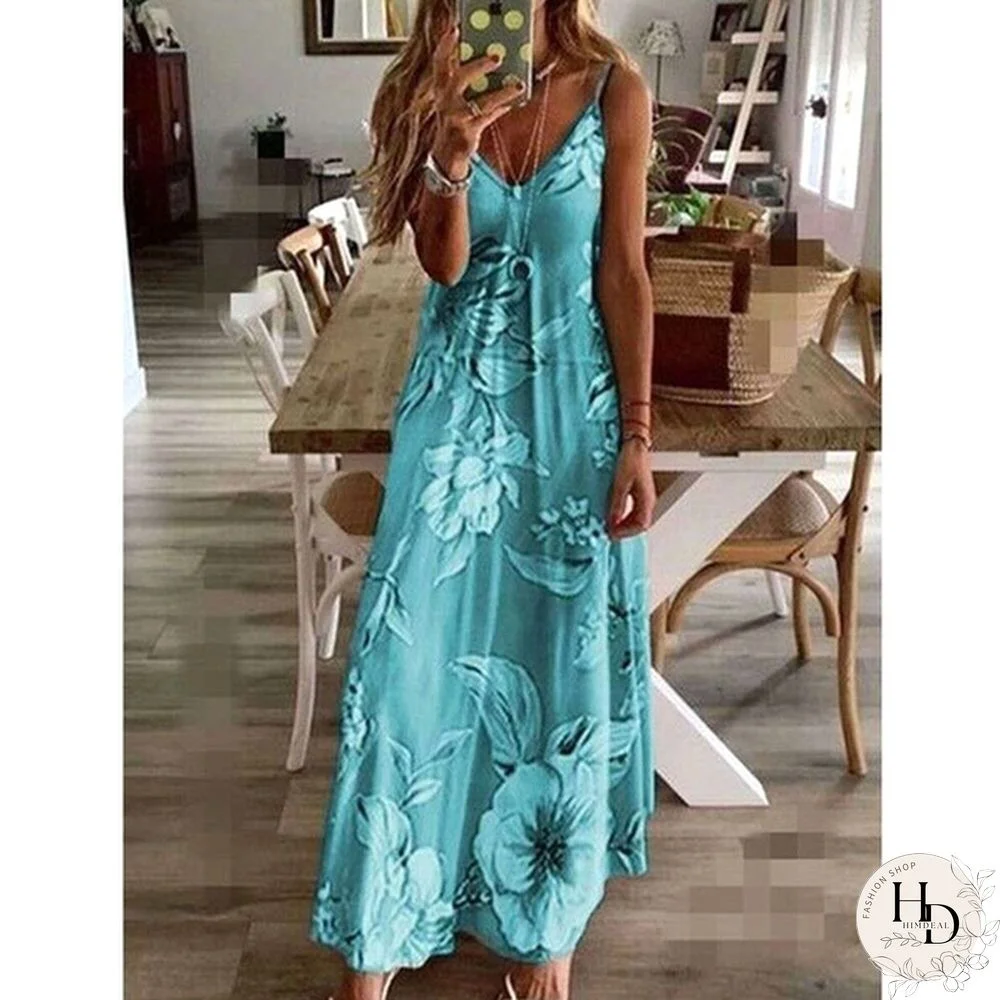 Summer Dresses Fashion Clothes Women's Plus Size Dresses Casual V-neck Sleeveless Maxi Dresses Ladies L Loose Cotton Dress Party Wear Floral Printed Halter Beach Dress