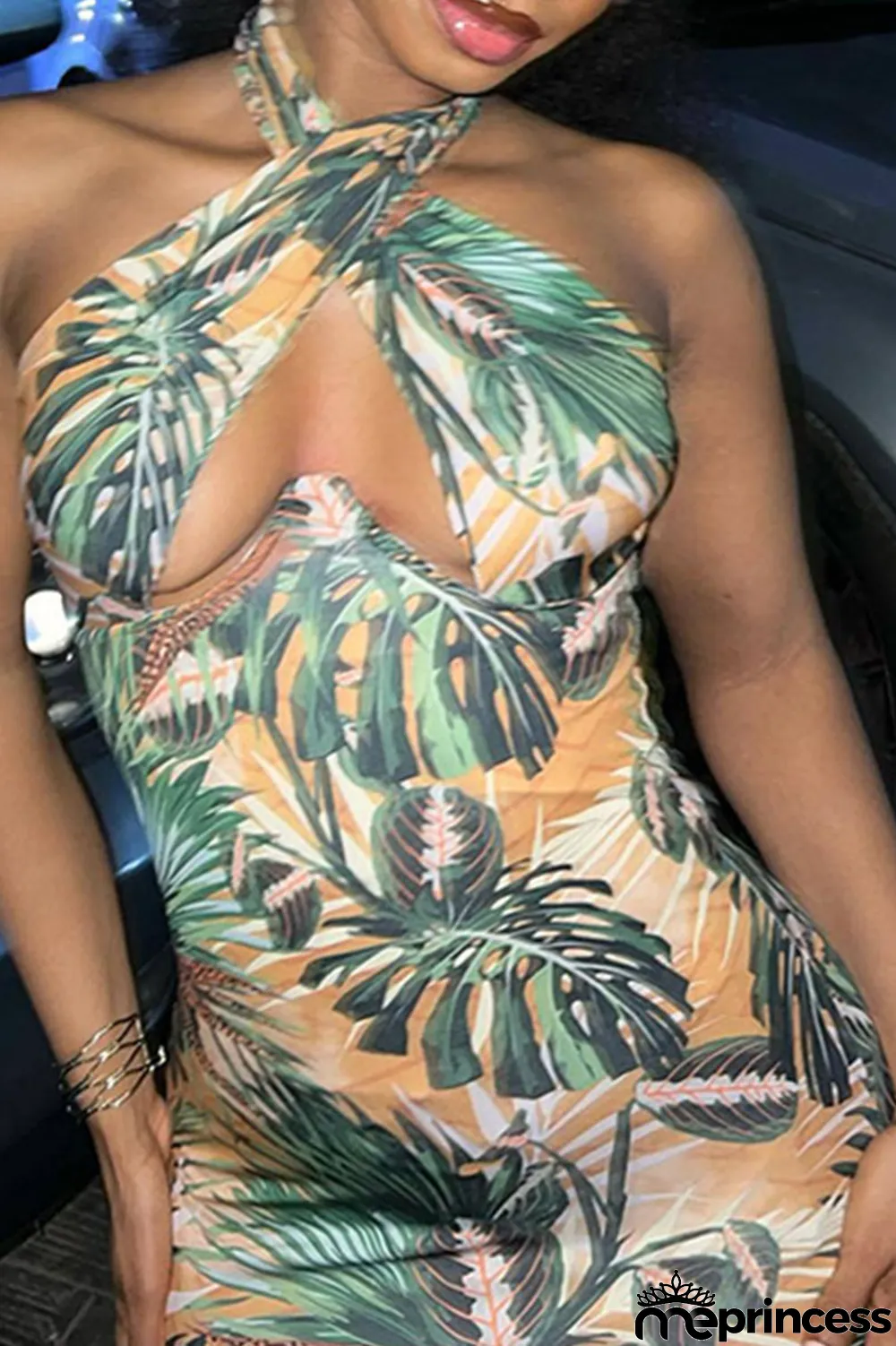 Green Sexy Print Hollowed Out Split Joint Backless Halter Pencil Skirt Dresses