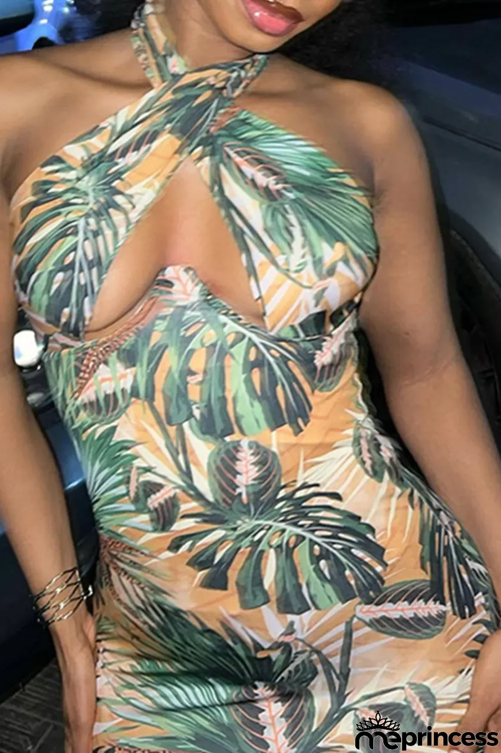 Green Sexy Print Hollowed Out Split Joint Backless Halter Pencil Skirt Dresses