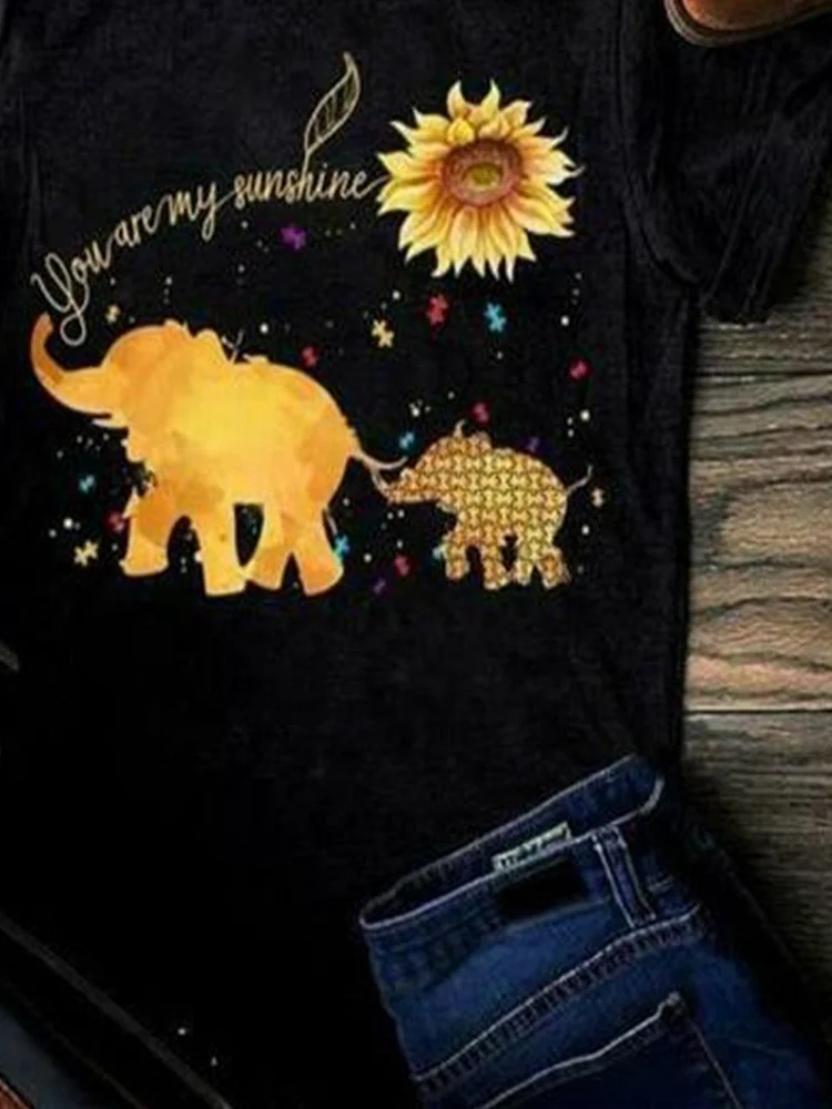 Bestdealfriday Casual Plus Size Loose Summer Baby Elephant Chrysanthemum Pattern Printed Short Sleeved Round Neck T-Shirt 9343074