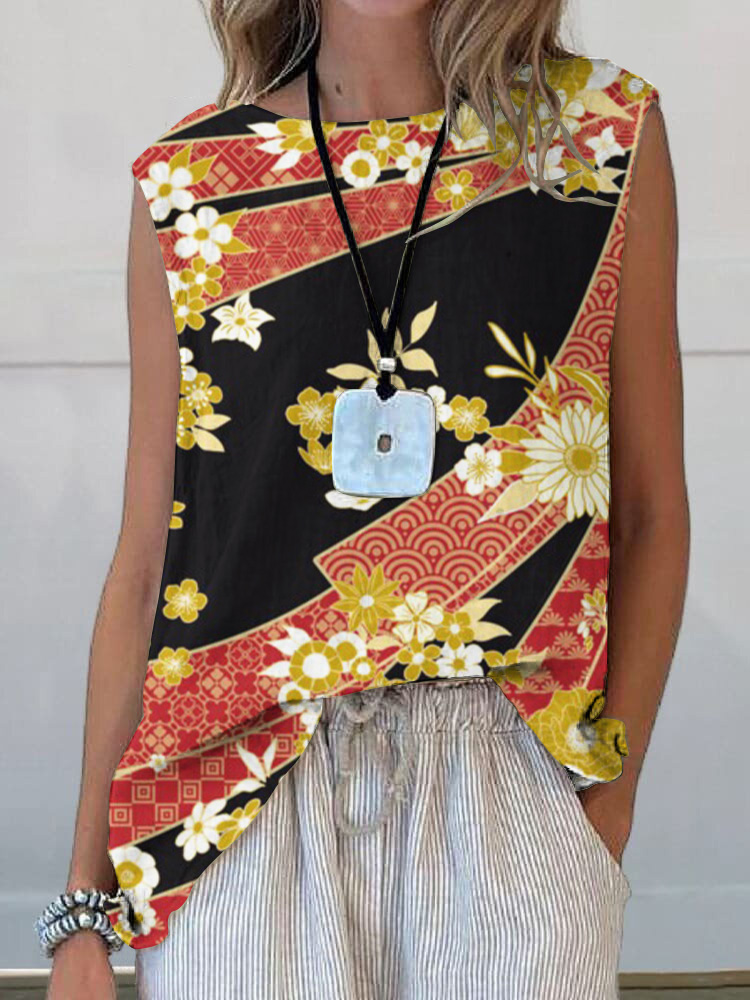 Comstylish Japanese Art Flower Print Tank Top