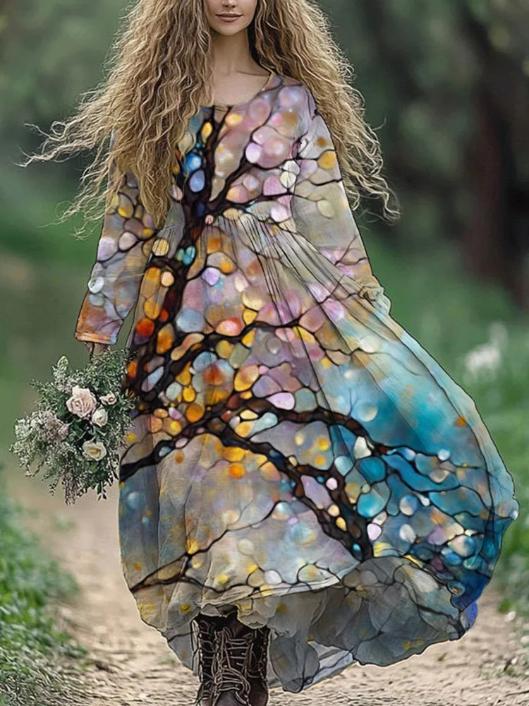 Oil Flower Tree Art Women's Linen Maxi Dress