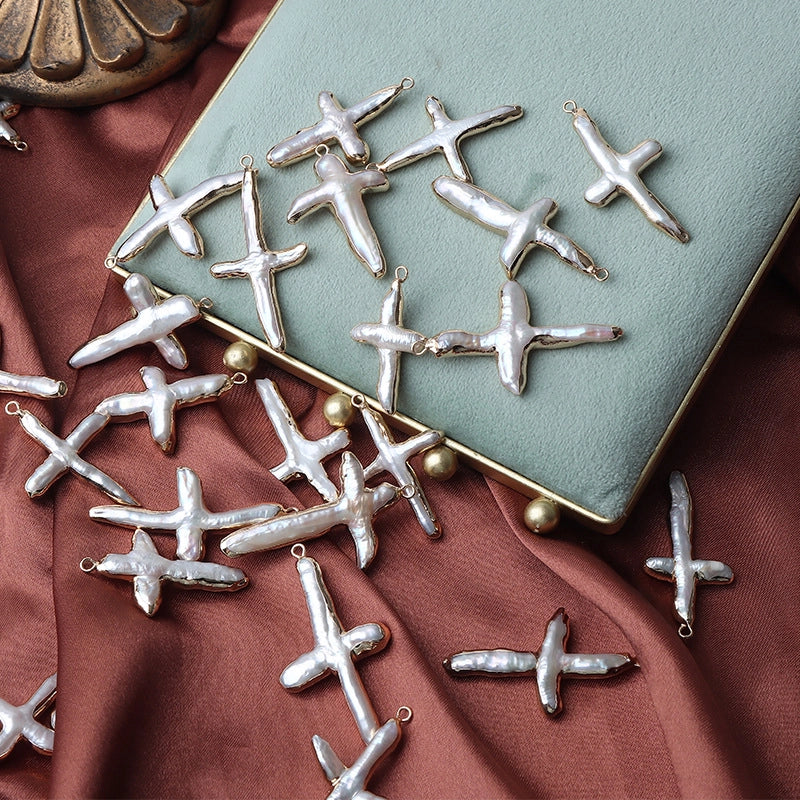 1 Piece 40mm Freshwater Pearl Copper Gold Plated Cross Jewelry Accessories Pendant