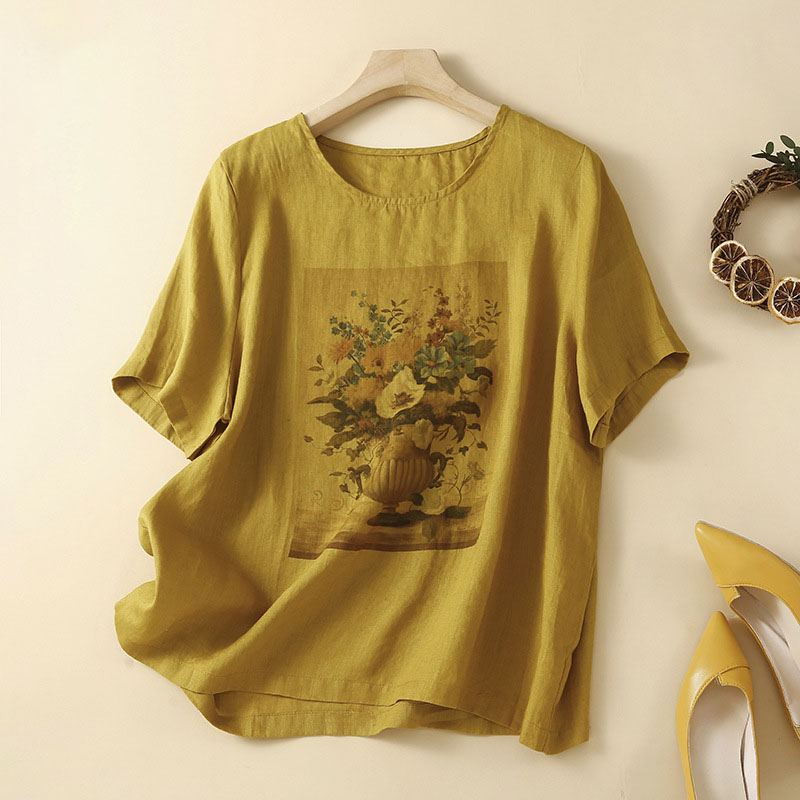 Vintage Print Round Neck Short Sleeve T-Shirt