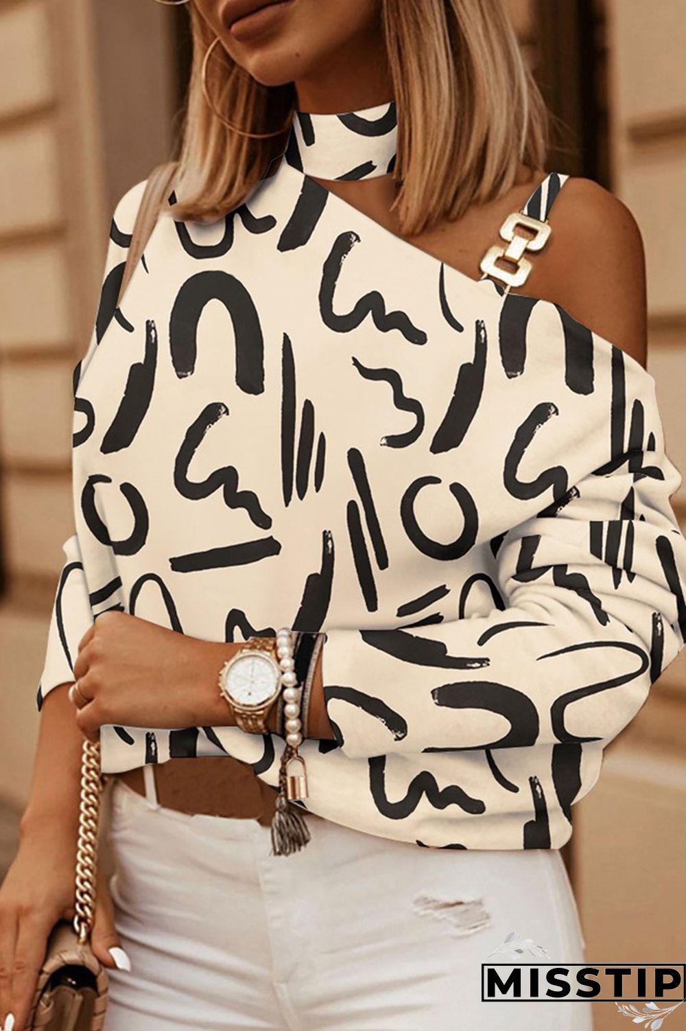 Black White Casual Print Hollowed Out Patchwork Turtleneck Tops