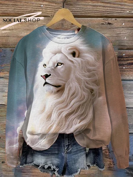 White Lion Art Design Print Round Neck Long Sleeve Sweatshirt