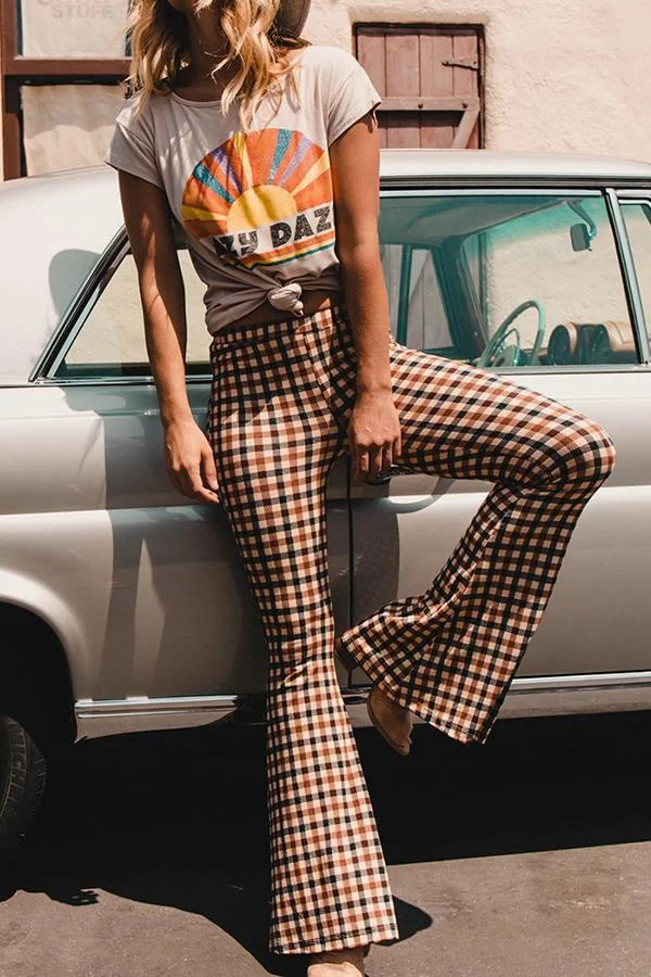 Womens Retro Houndstooth High Waist Flared Pants-Allyzone-Allyzone