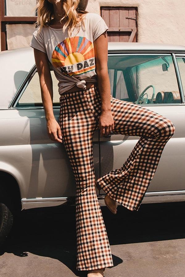 Womens Retro Houndstooth High Waist Flared Pants-Allyzone-Allyzone