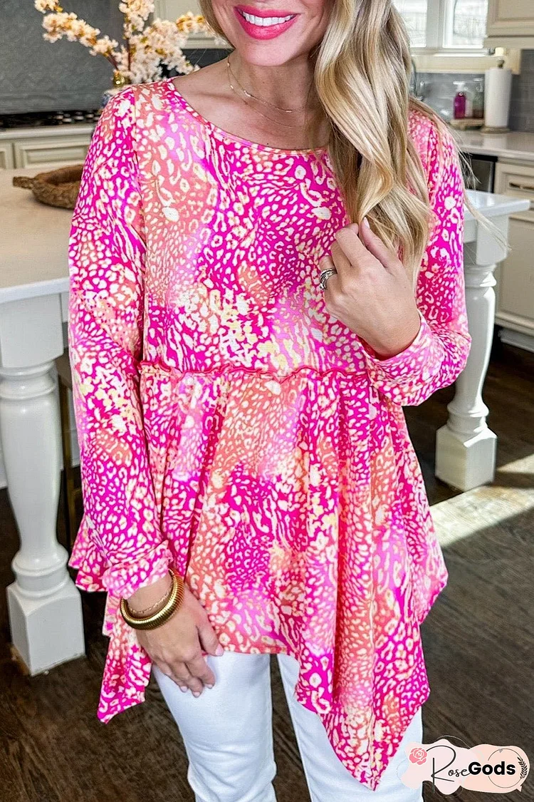 Rose Classic Leopard Print Handkerchief Hem Tunic Top