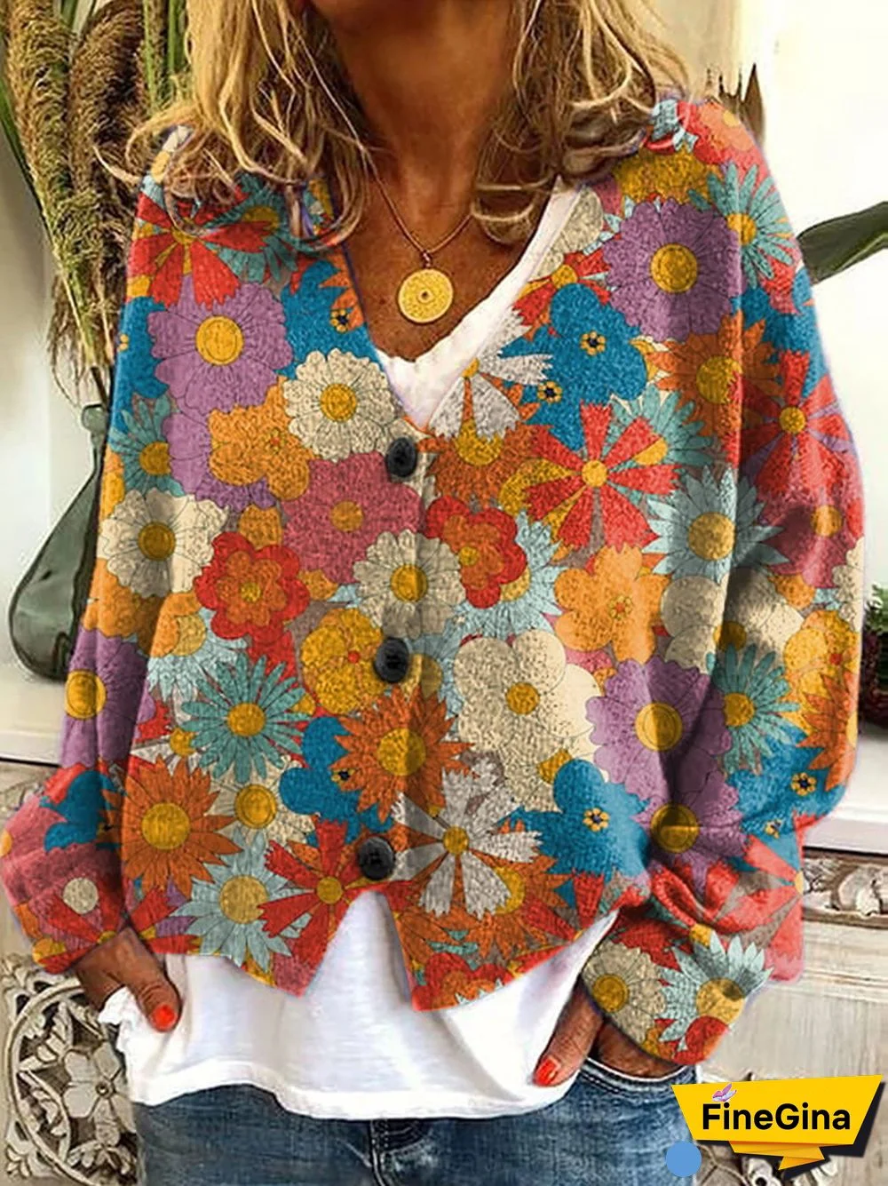 Stylish Art Floral Print Plush Cardigan