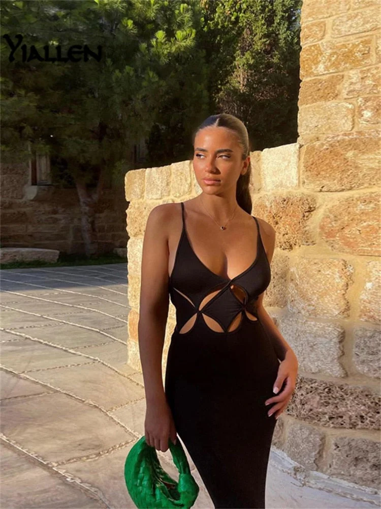 Yiallen Solid Maxi Dress 2021 New Women Irregular Shape Hollow Out Camisole Skirt Hipster Sleeveless V-Neck Female Partywear