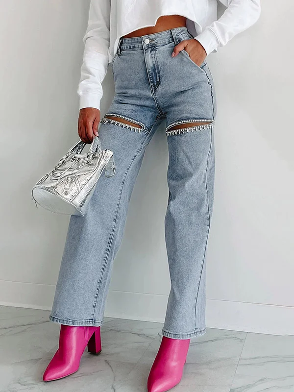 Split-Joint Ripped Straight Leg High Waisted Jean Pants Bottoms
