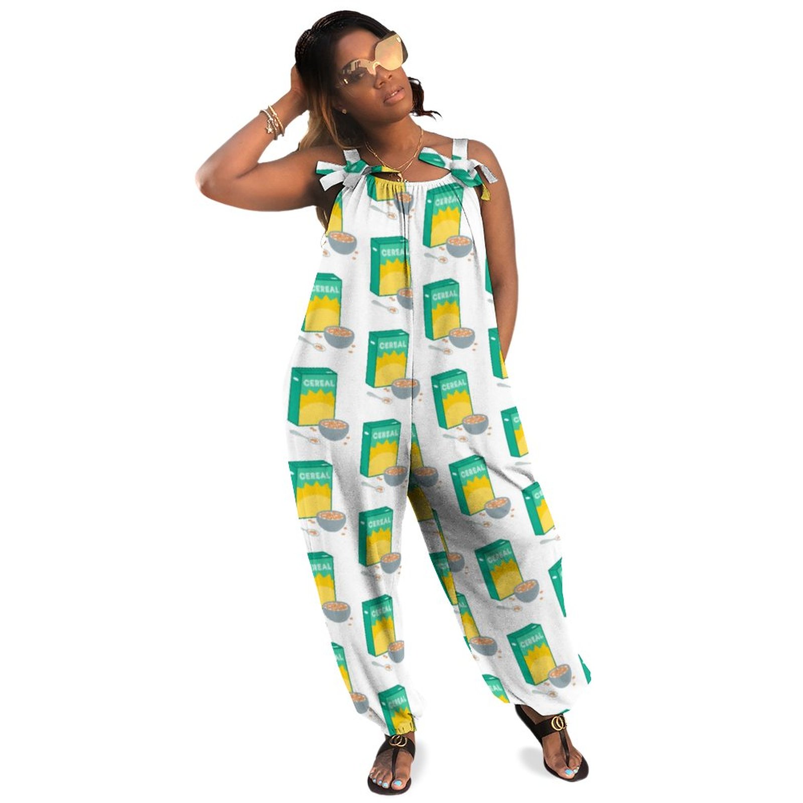 Teal And Yellow Sun Cereal Box And Bowl Pattern Boho Vintage Loose Overall Corset Jumpsuit Without Top