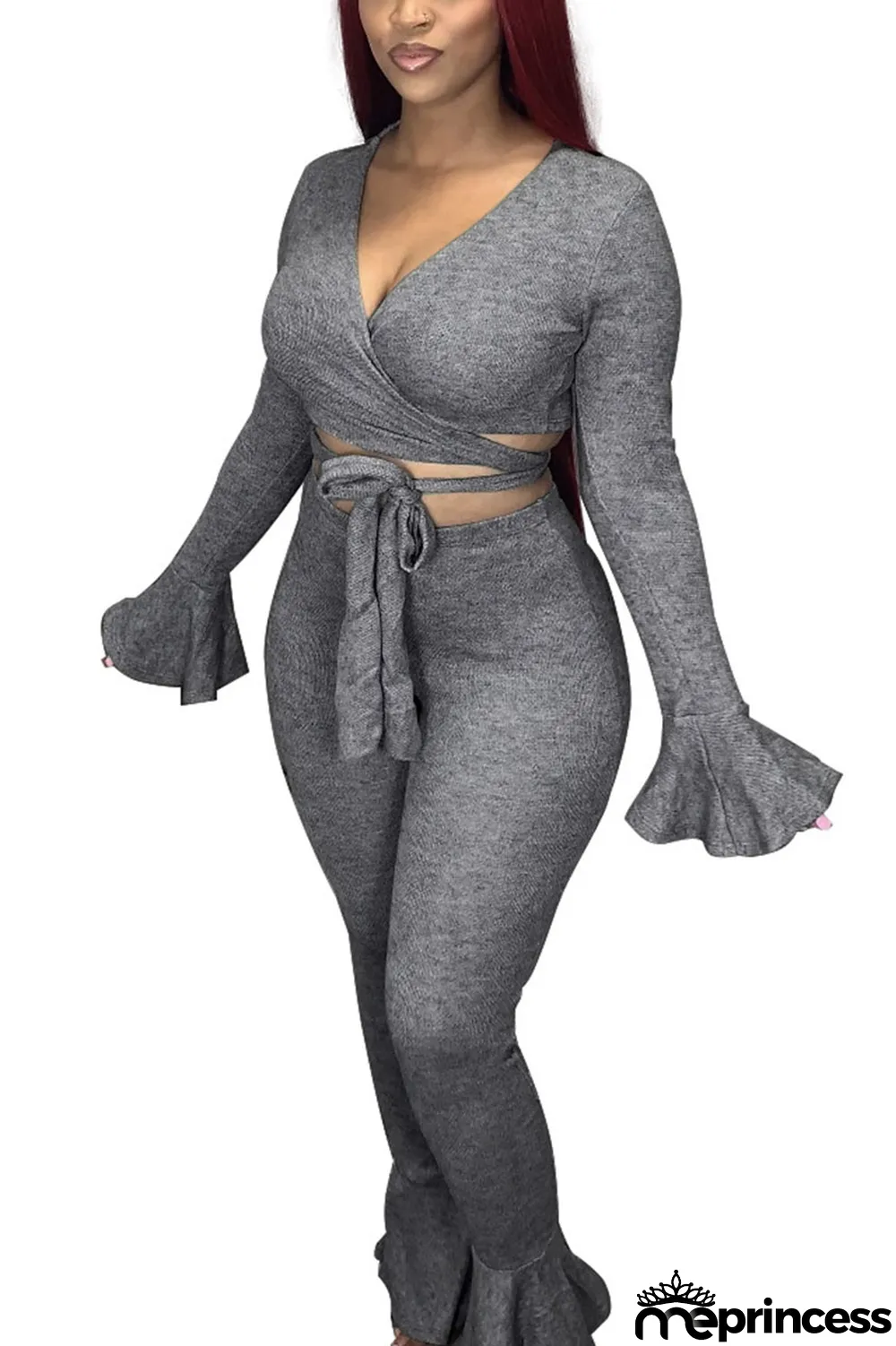 Red Casual Solid V Neck Long Sleeve Flare Sleeve Short Two Pieces