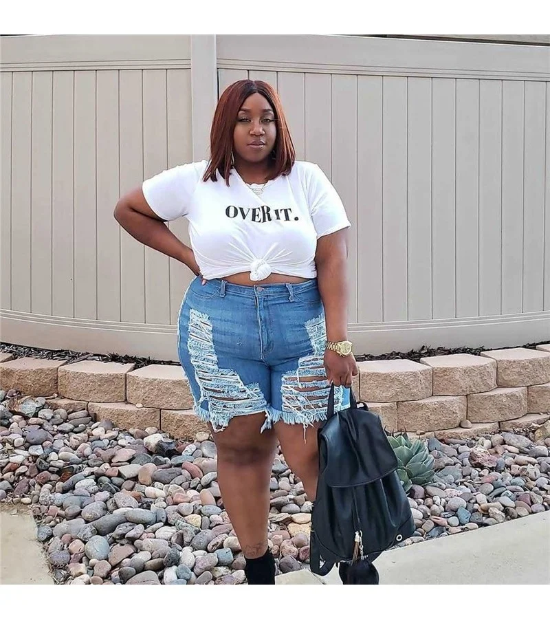 Woman Oversized Hollow Out Washed Denim Shorts XL-5XL