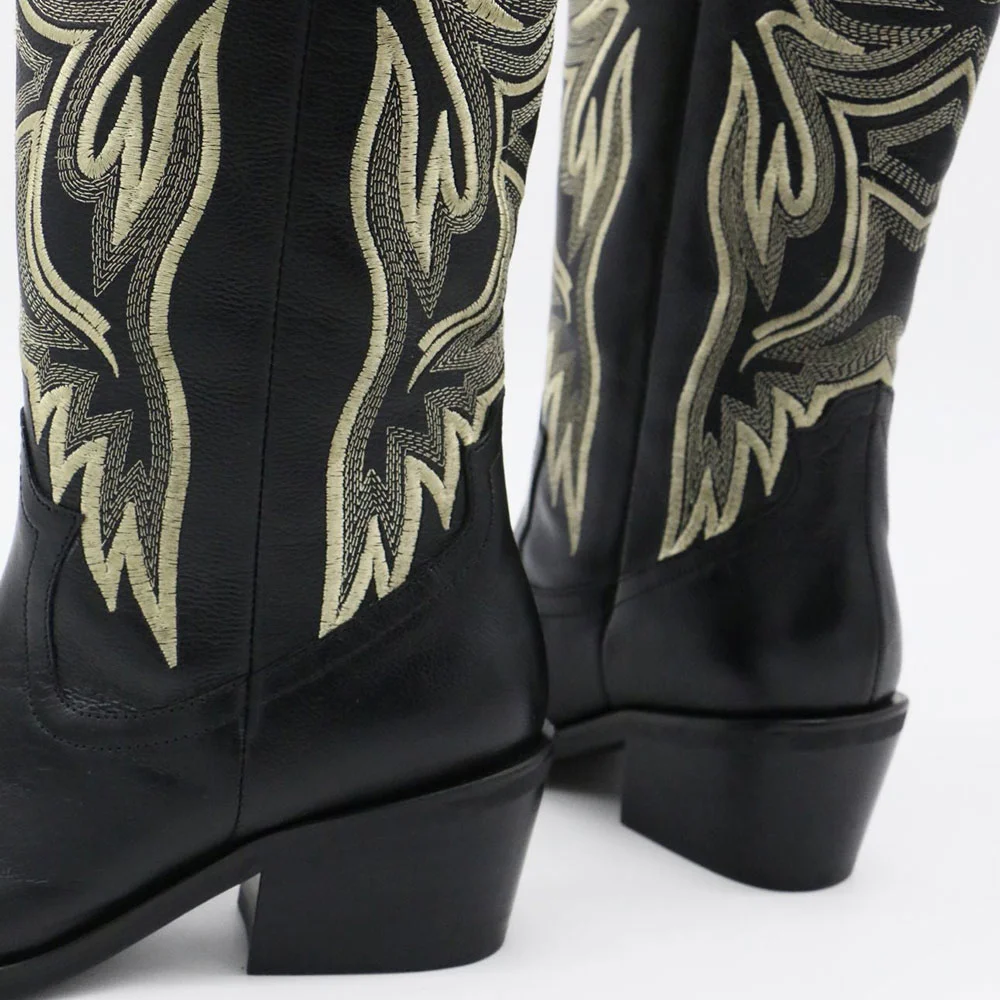 Black Snip Toe Chunky Heel Embroidered Western Cowgirl Boots