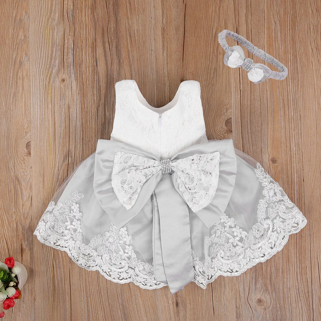 Baby Summer Clothing New Baby Princess Girls Dress Christening Lace Wedding Party Kids Formal Clothes+ Headband 0-24M
