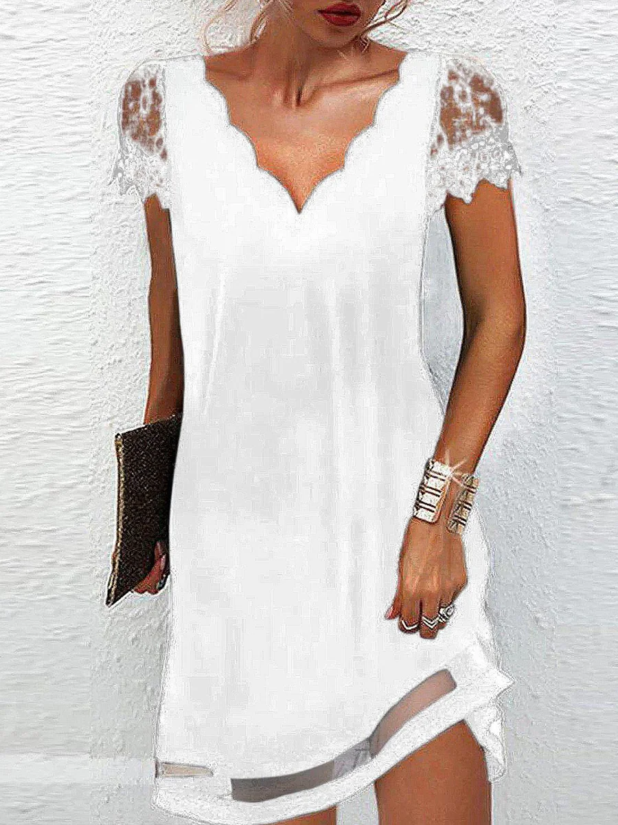 Casual V-neck Lace Short-sleeved Chiffon Dress