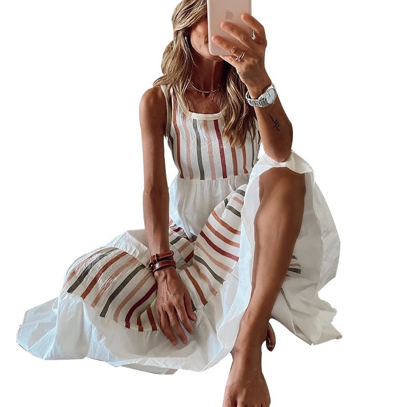 Contrasting Color Sleeveless Dress With Long Swing White Dresses | EGEMISS