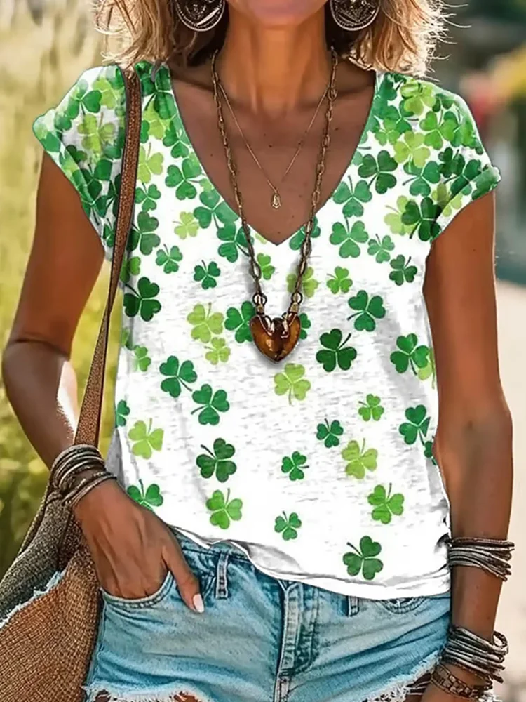 Women's St. Patrick's Day Printed V-neck T-shirt