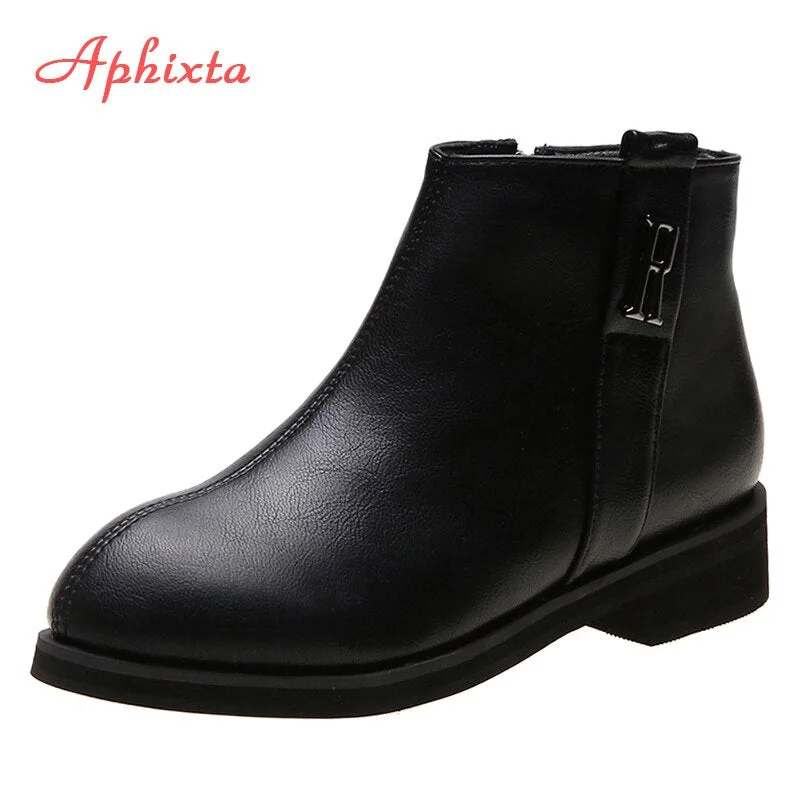 Aphixta Plus Big Size 44 Ankle Boots Female Zip Wood Square Heels Shoes Woman Platform  Winter Boots Women