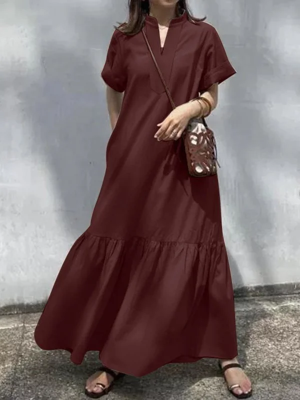 A-Line Loose Solid Color Split-Joint V-Neck Maxi Dresses