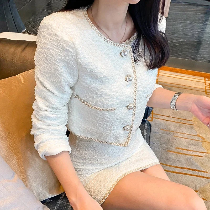 Huiketi Autumn Winter Women Fashion Suits 2 Piece Sets Long Sleeve Single-Breasted White Short Coat And Elegant Mini Bodycon Skirt
