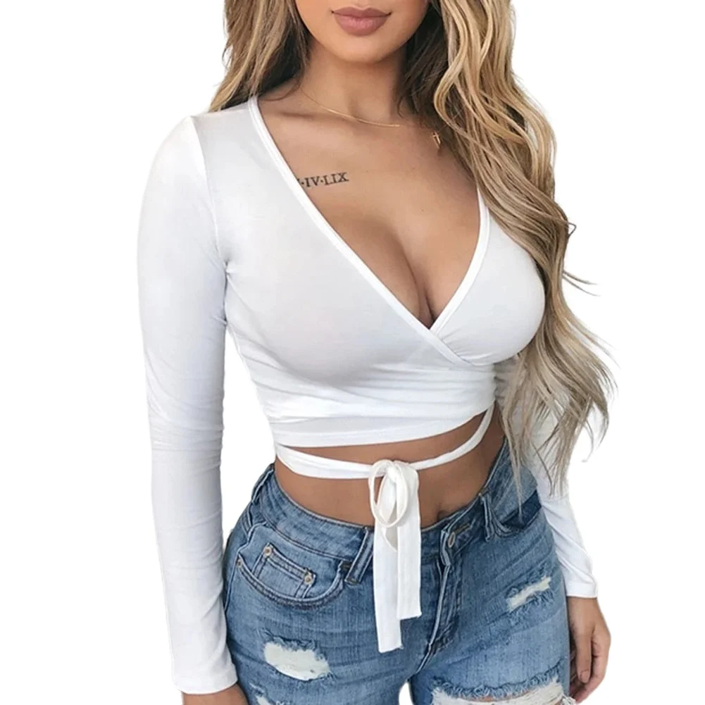 Sexy Solid Long Sleeve T-Shirt Women Solid Crop Tops Fashion Female Bottoming Shirts Deep V Front Lace-up Skinny Tees
