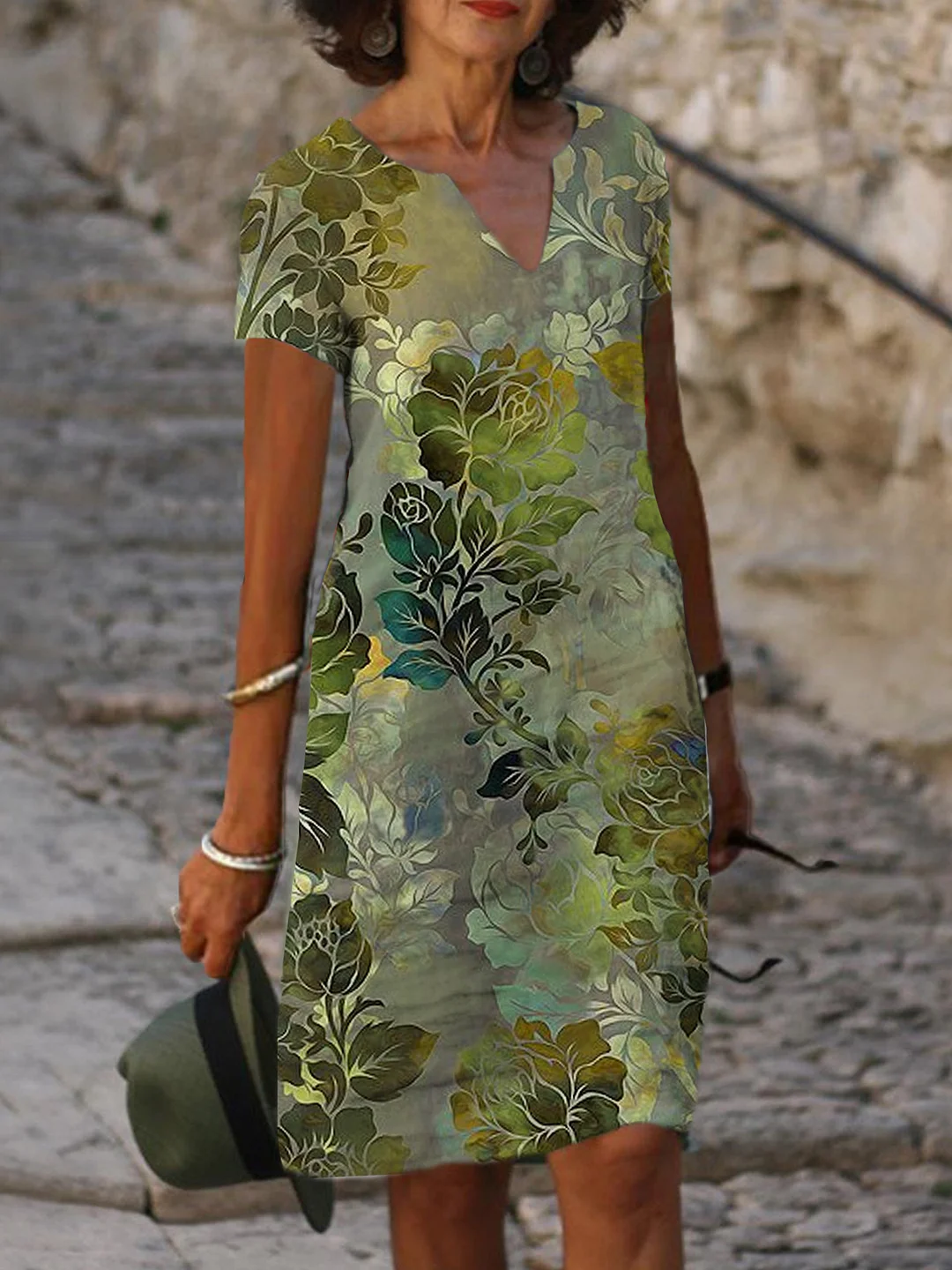 Floral Print V-neck Short Sleeve Midi Dress Women
