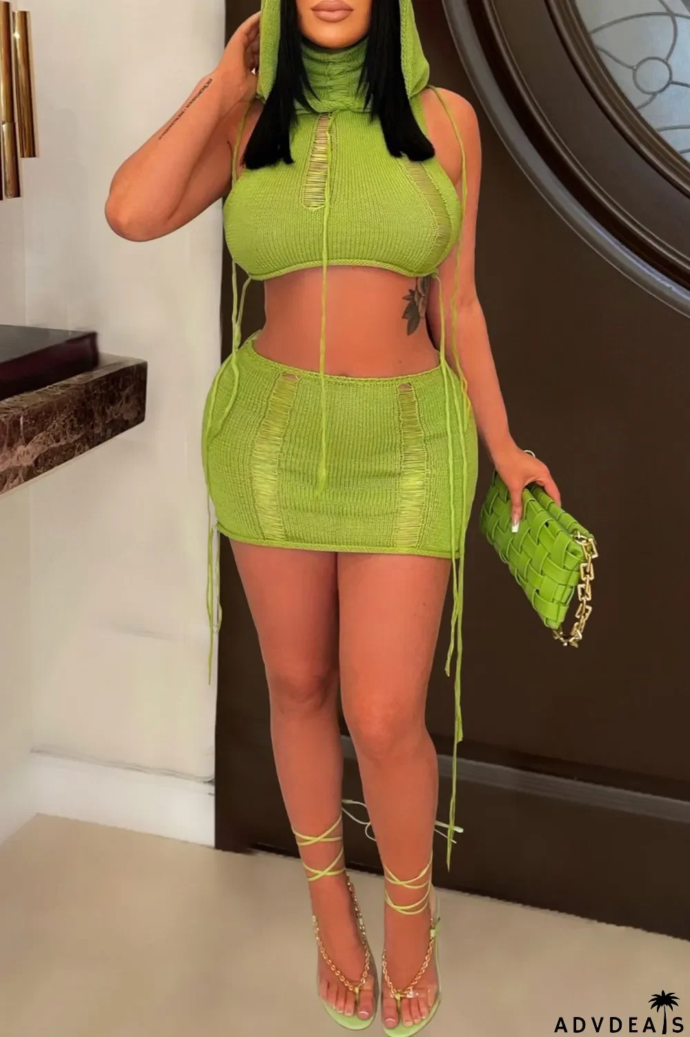 Green Sexy Casual Solid Hollowed Out Hooded Collar Sleeveless Two Pieces