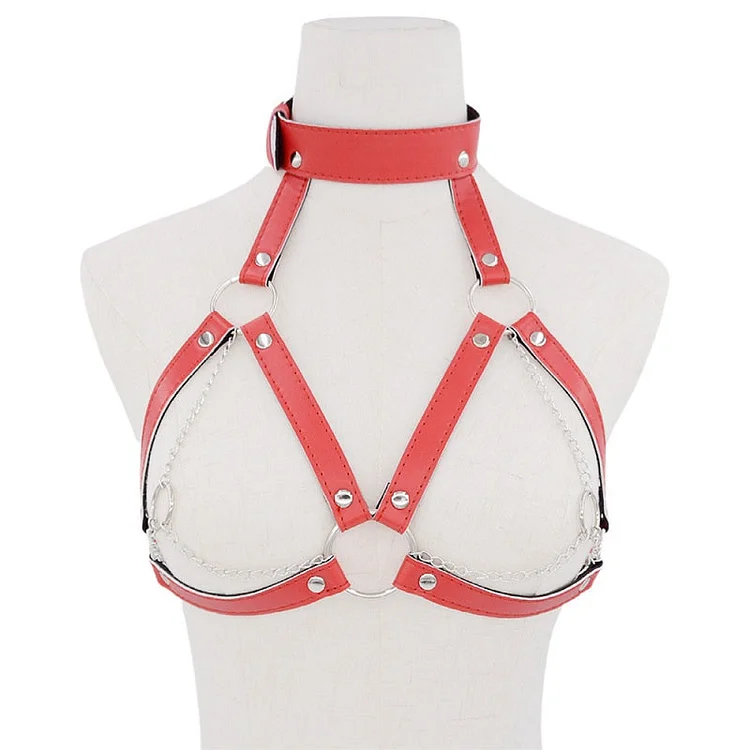 Breast Bondage with Neck Collar Fetish Body Harness - Red