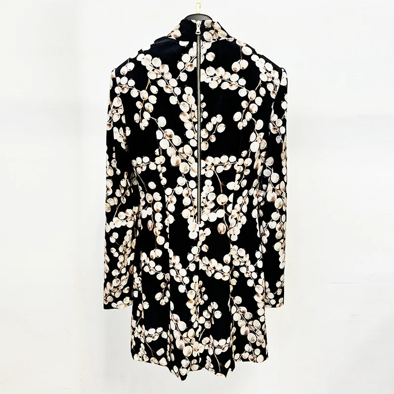 Nigikala Nigikala Star Autumn And Winter New Heavy Industry Nail Pearl Gallon Fruit Printing Gold Velvet Long Sleeve Dress