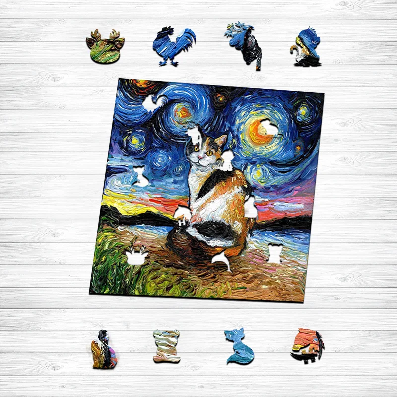 Jeffpuzzle™-JEFFPUZZLE™ Van Gogh Starry Sky - Calico Cat Wooden Puzzle