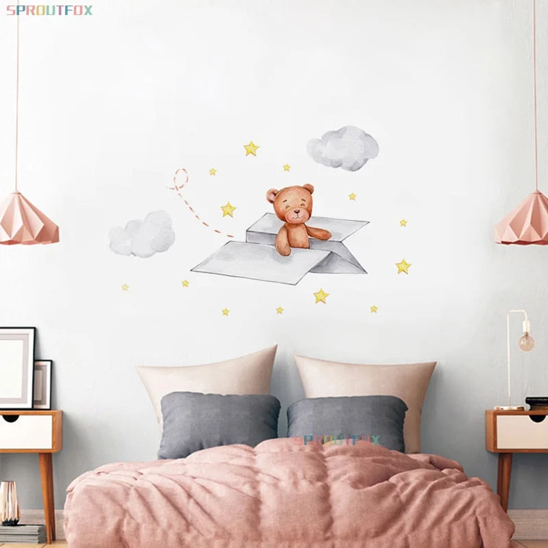 Stars Wall Stickers for Kids Rooms Little Bear on a Paper Airplane for Baby Boys Bedroom Nursery Decals Decorative