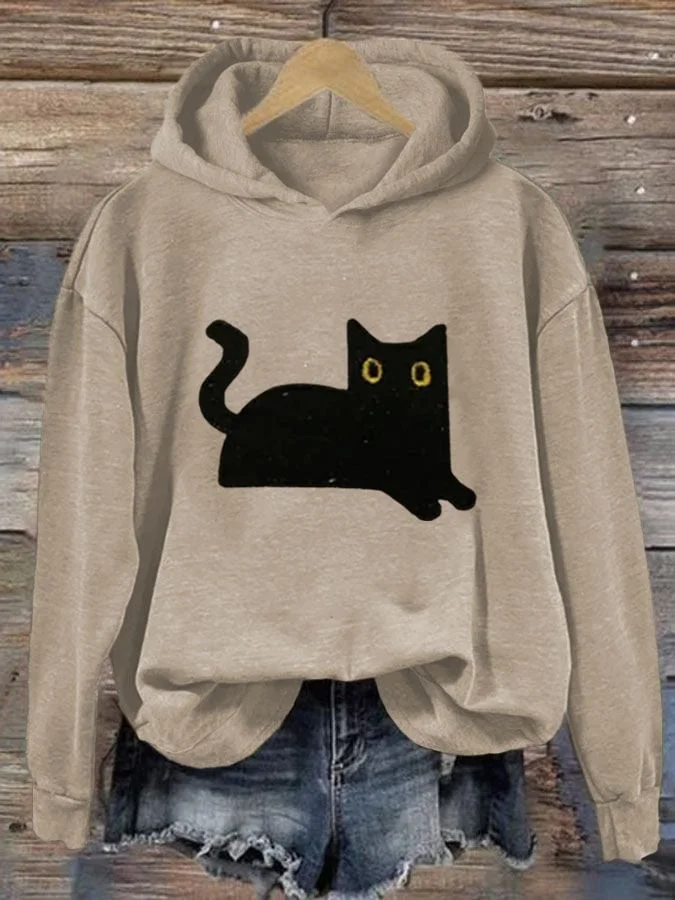Women's Black Cat Print  Casual Long Sleeve Hoodie socialshop