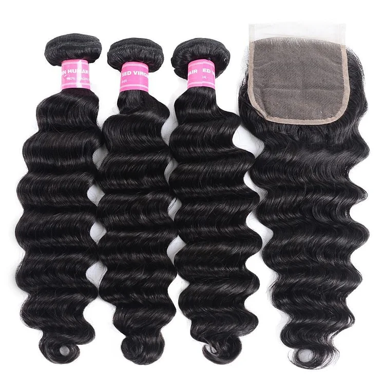 Indian Loose Deep Wave 3 Bundles with 4*4 Lace Closure On Deals