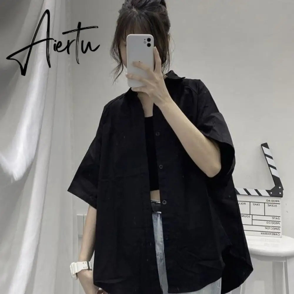 Aiertu Blouses Shirts Three Quarter Sleeve Women Summer Solid Ulzzang Black Outwear Tops All-match Ins Retro Womens Fashion Students Aiertu