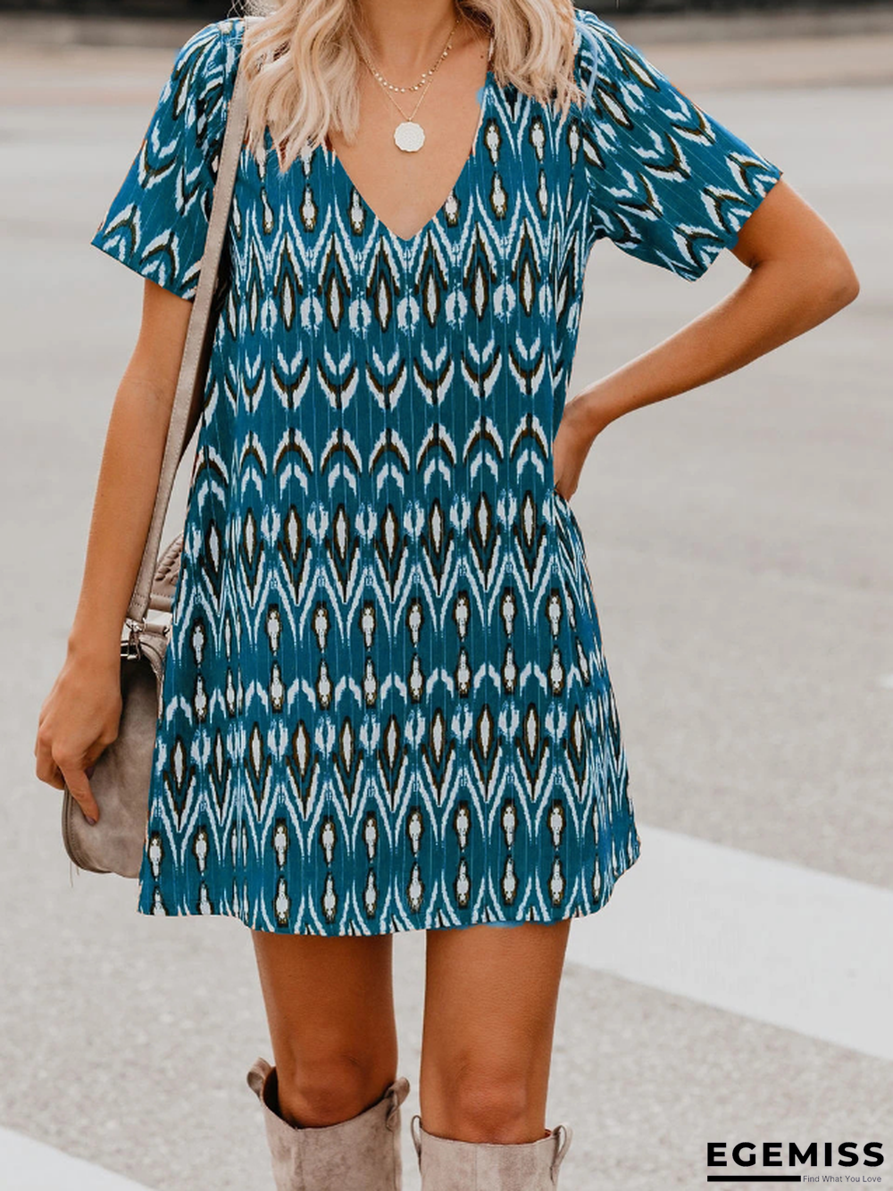 Spring/Summer Loose Short SleeveS V-Neck Print Dress Women'S Wear | EGEMISS