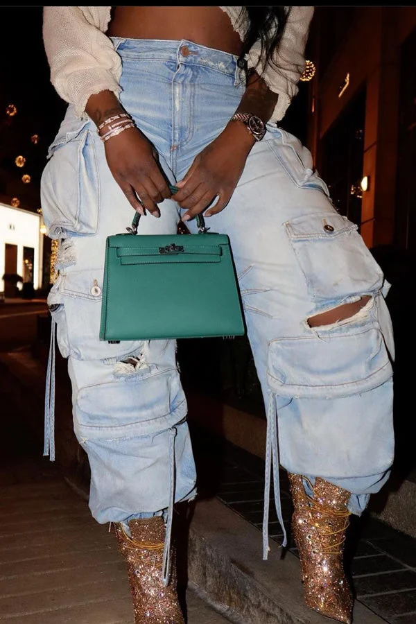 Fashion Multi-dimensional Pocket Washed Cargo Jeans